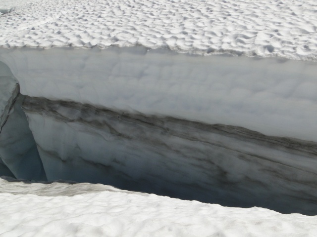 Minimal 2014 snowpack in crevasses at 1650 m on Aug. 10th 1.25 m.