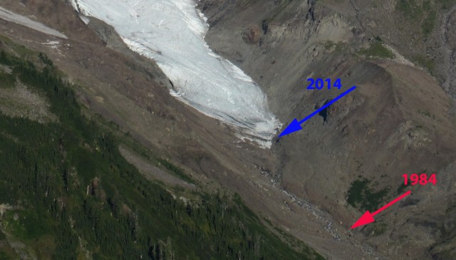 Picture of the terminus in 2014 indicating the 214 and 1984 position.  Taken by Tom Hammond from Rainbow Ridge.