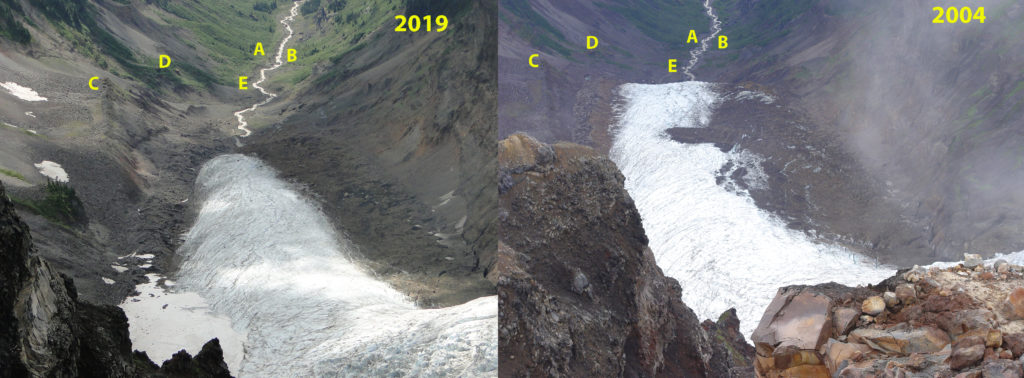 Deming Glacier terminus annotated to show retreat from 2004 to 2019 in photographs from Mauri Pelto
