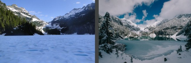 Blanca Lake Aug. 1, 2011 on left and April 4, 2015 on right (Karen K. Wang, www.karenkwang.com)