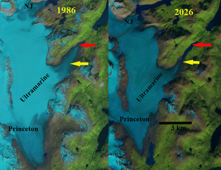 Comparative satellite images of the New Jersey region in 1986 and 2026, highlighting changes in geography with markers for Princeton and notable features labeled as 'Ultramarine.'