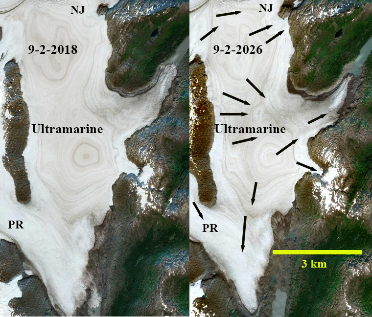 Satellite images comparing the glacier on September 2, 2018, and September 2, 2026, showing significant changes in ice coverage, labeled 'Ultramarine' and 'PR,' with directional arrows indicating movement.